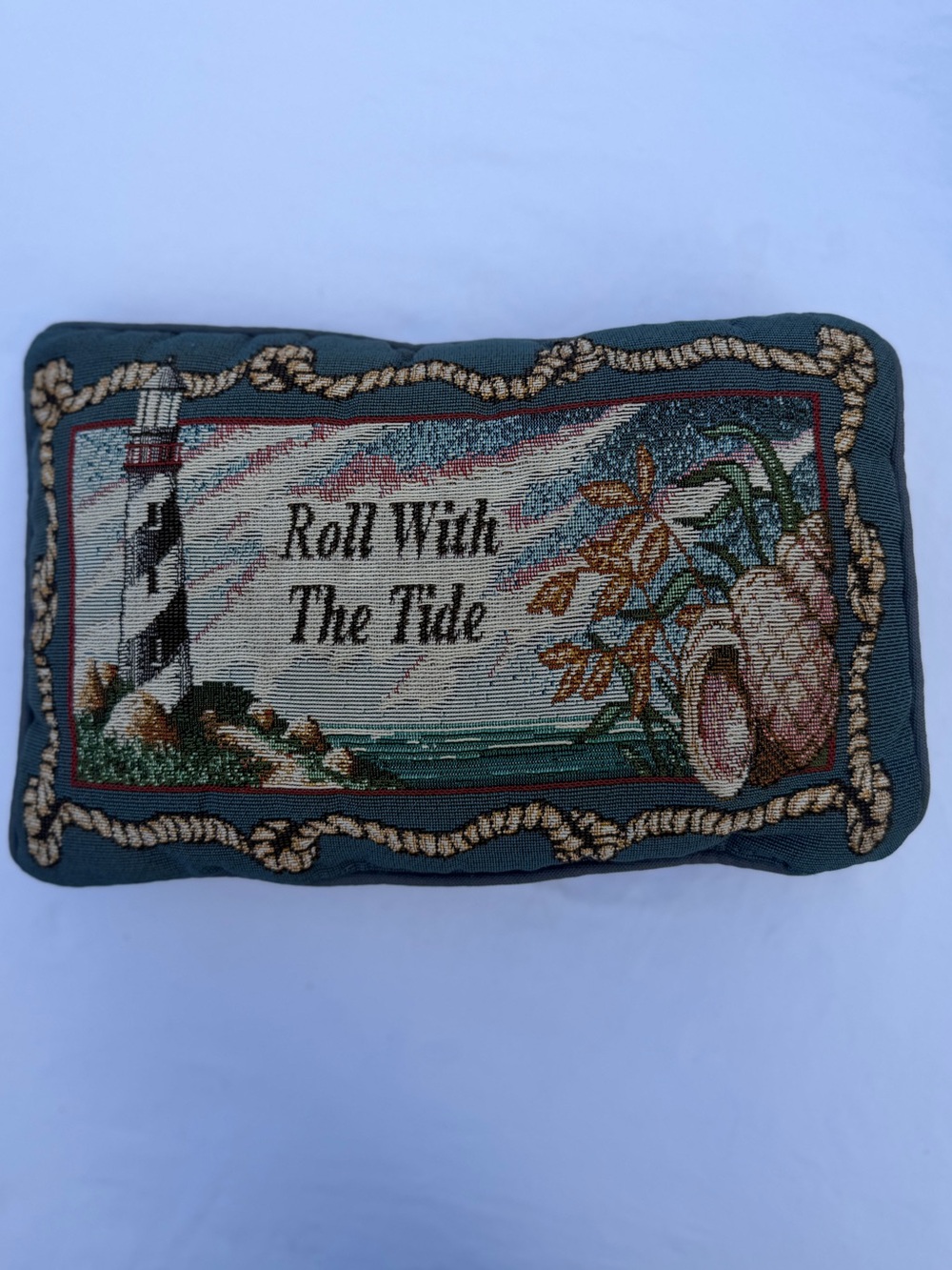 Vintage Needlepoint Nautical 'Roll With The Tide' Decorative Pillow